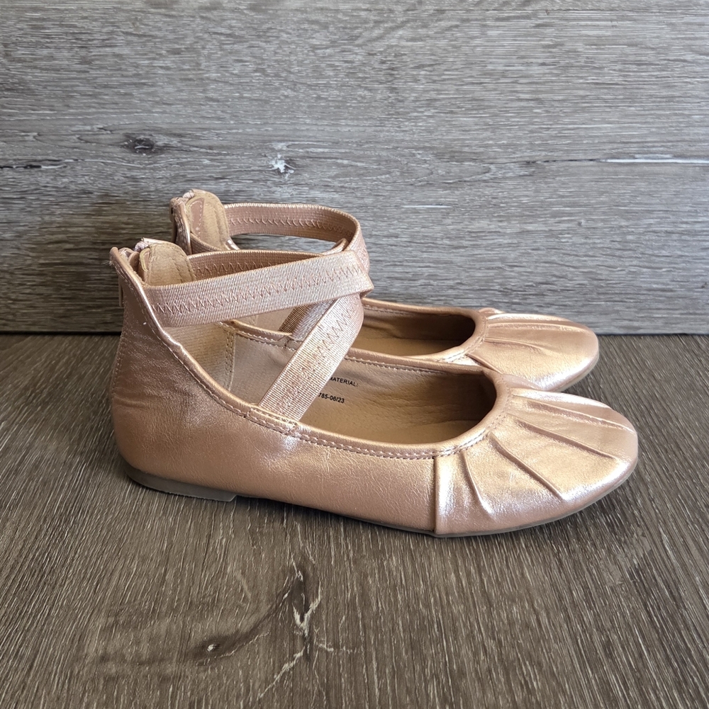 Report Girls Pleated Metallic Rose Gold Ballet Flats with Ankle Strap Sz 3